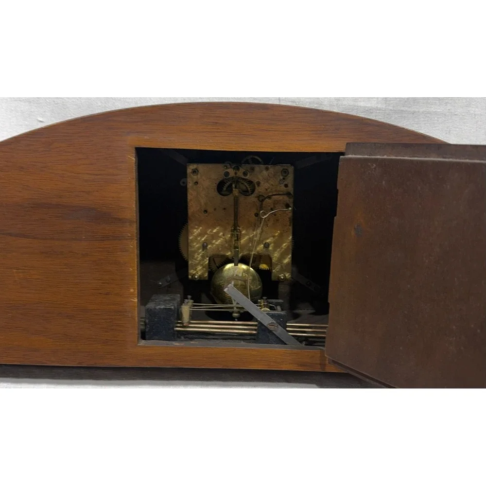 Vintage 1950s Tambour Mantel Clock German 8 Day Movement 130 Stamp Wood Case